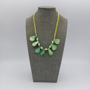 Green Shell Mother Of Pearl Necklace Luster Silver Toned and Rope Round and Seed
